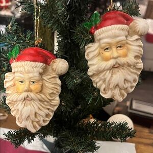 Vintage-Inspired Santa Head Ornament Set - Red and Cream